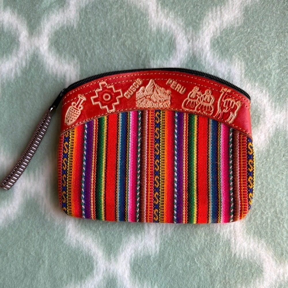 Handmade Colorful Peruvian folkart  leather and fabric pouch Clutch
